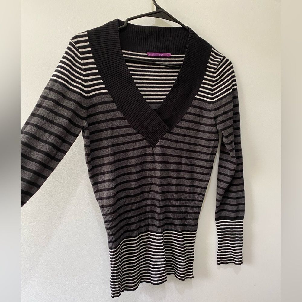 Black and White Striped V-Neck Sweater